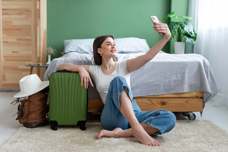 mujer tomandose foto en un hotel para viajeros