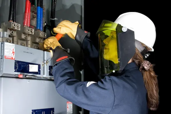 Técnico con casco y visor de seguridad realizando mantenimiento eléctrico en un panel de control.