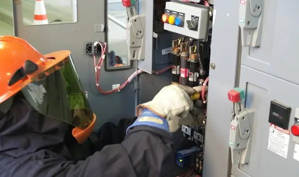 Electricista con guantes y casco inspeccionando un tablero de control eléctrico en una instalación industrial.