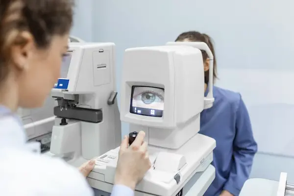 médico evaluando la vista de paciente en clínica oftalmológica