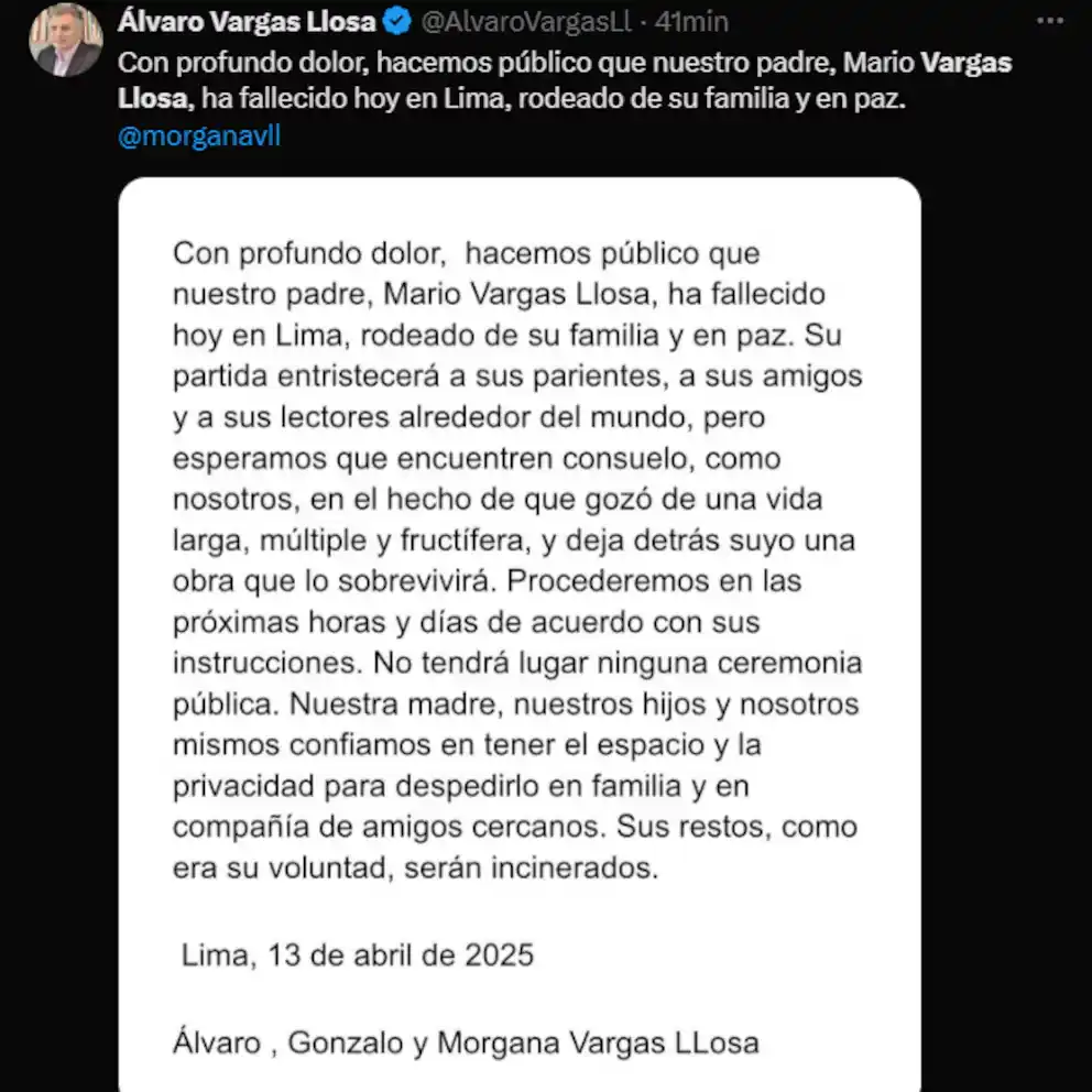 anuncio de muerte de Mario Vargas Llosa