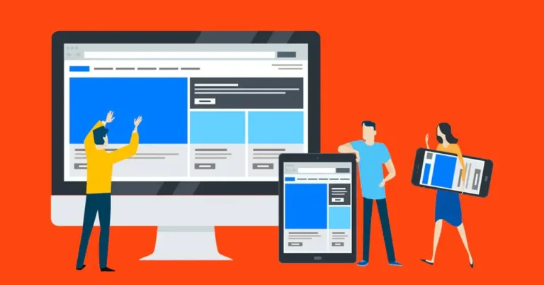 personas de una agencia de diseño web armando una página web