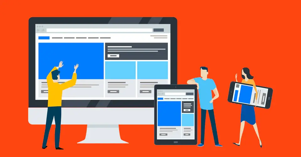 personas de una agencia de diseño web armando una página web