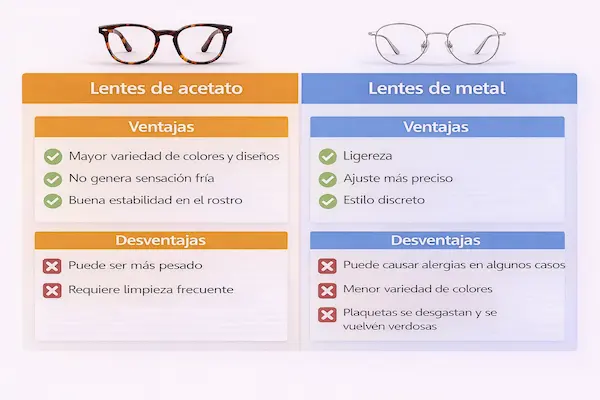 cuadro comparativo de Lentes de acetato o metal
