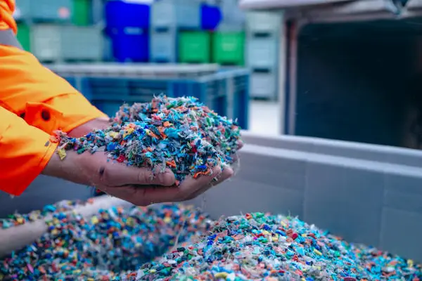 Materia prima de plástico reciclado triturado para fabricación de productos sostenibles
