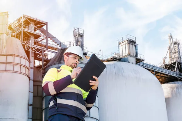 Auditor técnico realizando inspección ambiental y control de cumplimiento en planta industrial