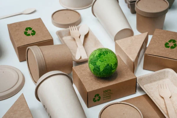 Variedad de empaques biodegradables y envases de cartón reciclado para economía circular